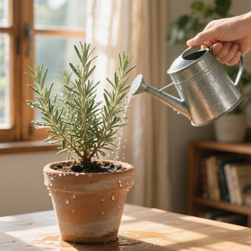 watering rosemary plant