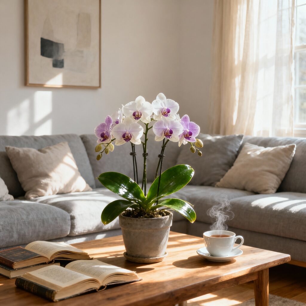 orchid on living room table