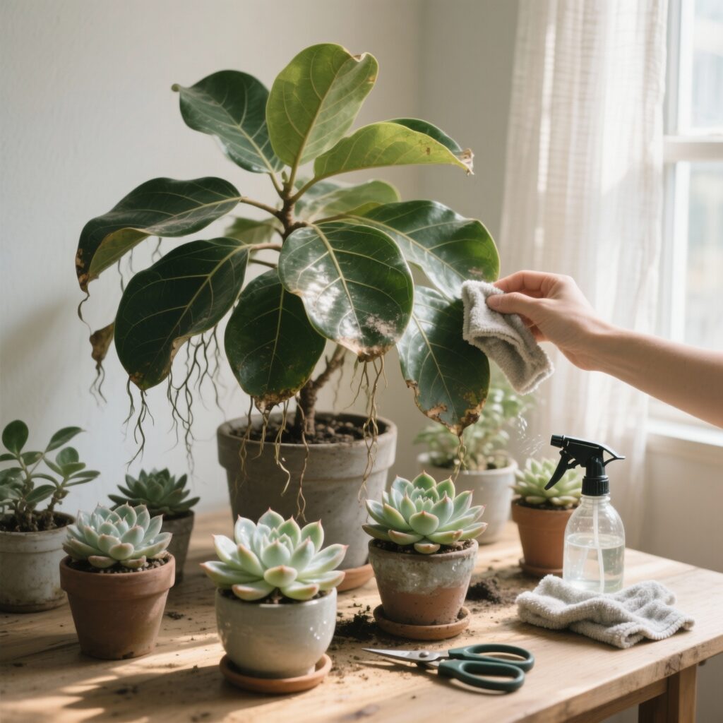ficus benjamina with succulents